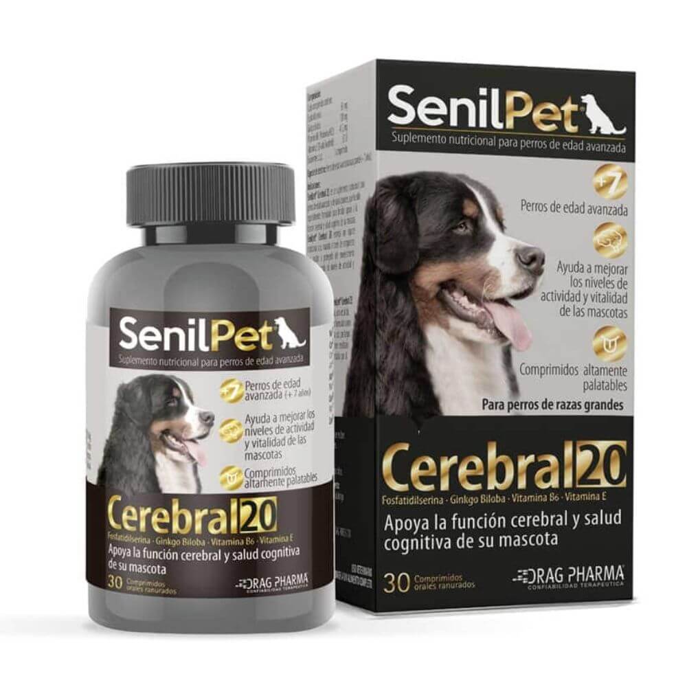 Frasco y caja de SenilPet Cerebral 20 Drag Pharma, suplemento cognitivo para la salud cerebral de perros senior de razas grandes