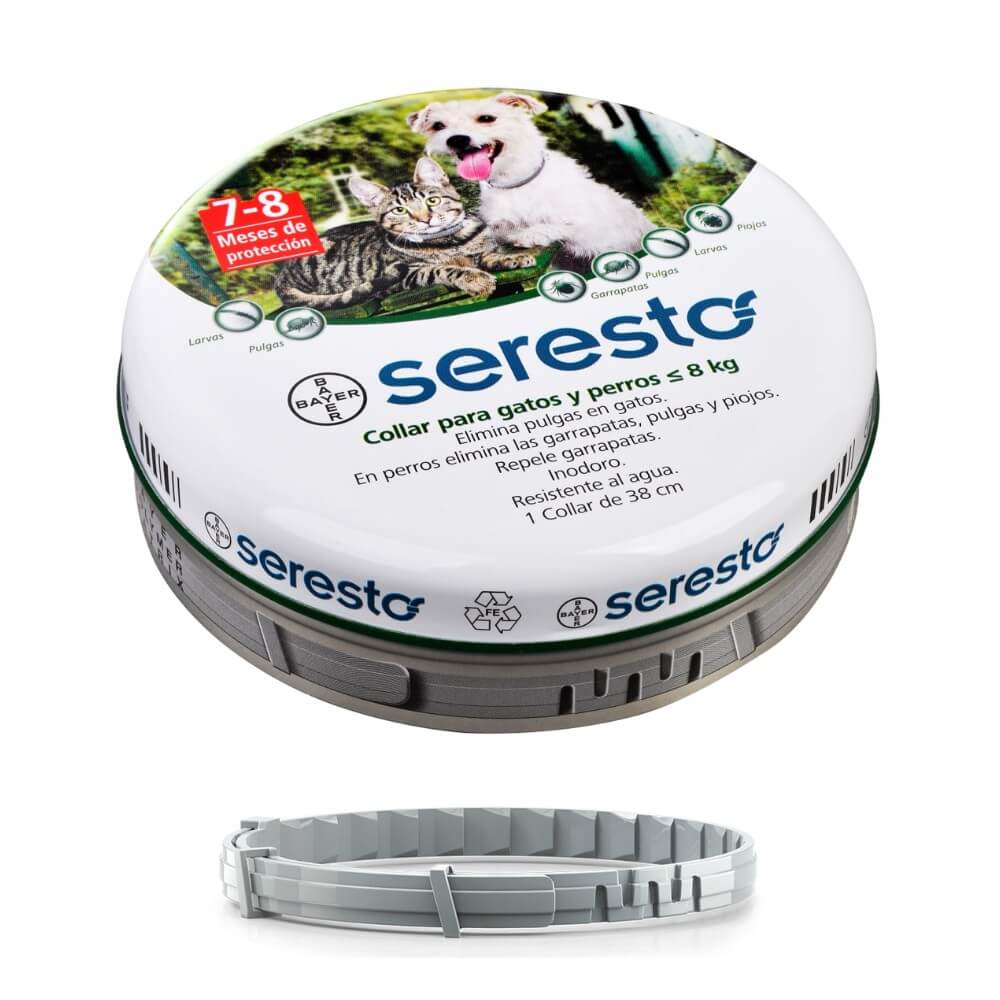 Envase Seresto y collar gatos y perros chicos <8 kg; inodoro, protección 7–8 meses contra pulgas, garrapatas y piojos