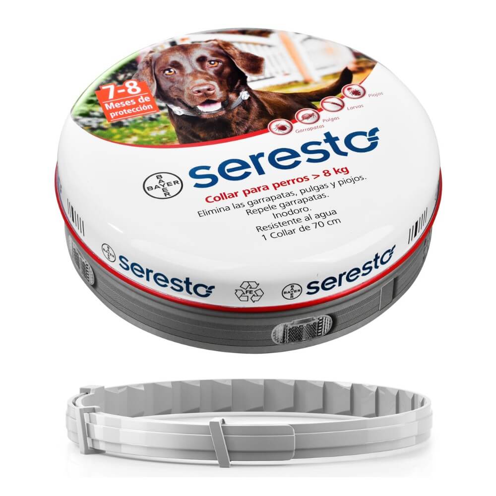 Envase y collar Seresto 70 cm perros >8 kg, protección de larga duración contra pulgas, garrapatas y piojos, uso 7–8 meses