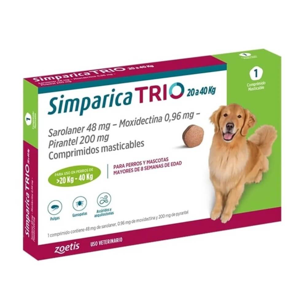 Simparica Trio Perros 20 a 40 kg de Zoetis empaque de 3 meses de control antiparasitario contra parásitos internos y externos