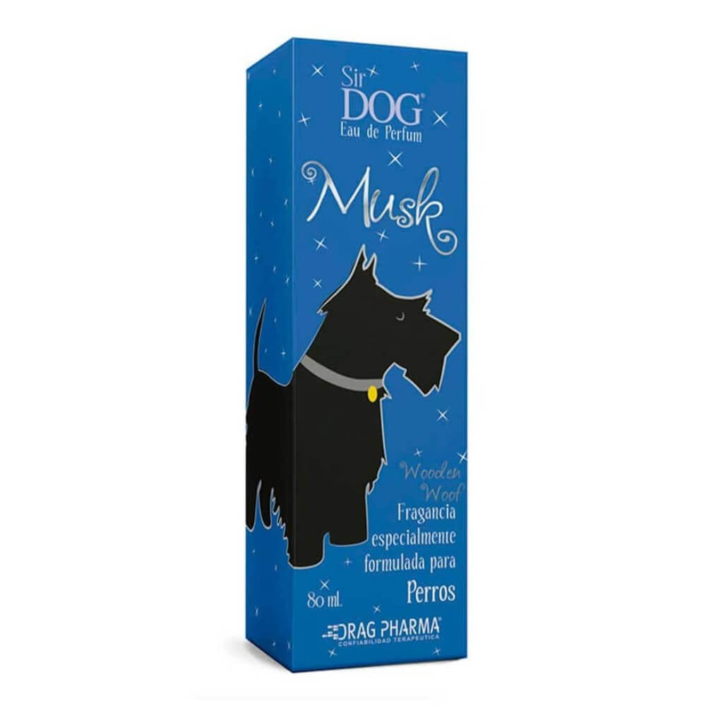 Sir Dog Musk Wooden Woof perfume para perros machos 80 ml, caja azul Drag Pharma con fragancia herbal con lavanda y cedro