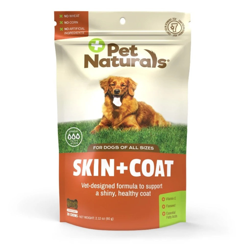 Empaque frontal de Skin+Coat para Perros Pet Naturals, masticables con Omega-3, 6 y 9 mejora el brillo y salud de la piel