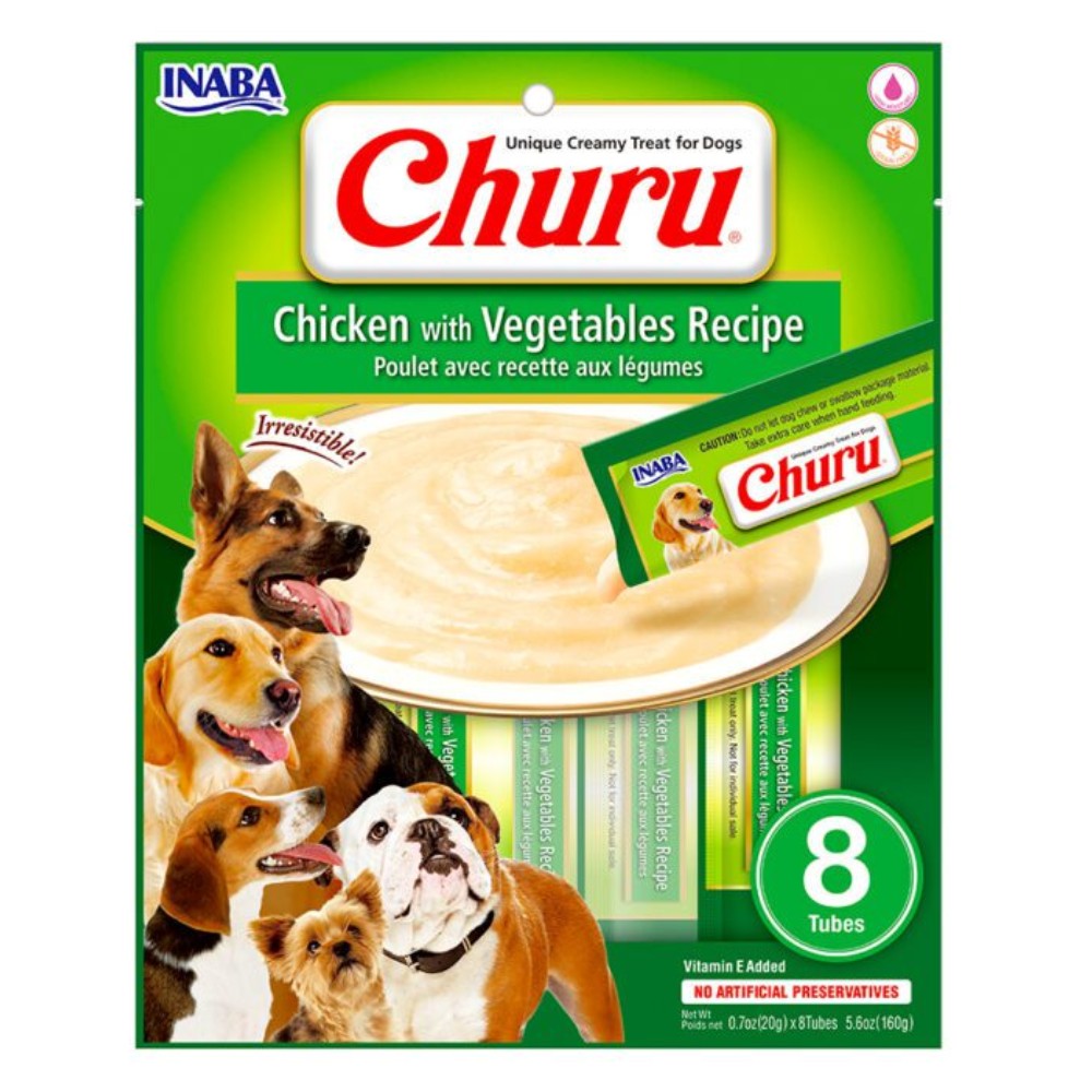 Empaque frontal de Churu para Perros sabor pollo con vegetales pack de 8 tubos, premio natural Grain Free con Vitamina E agregada