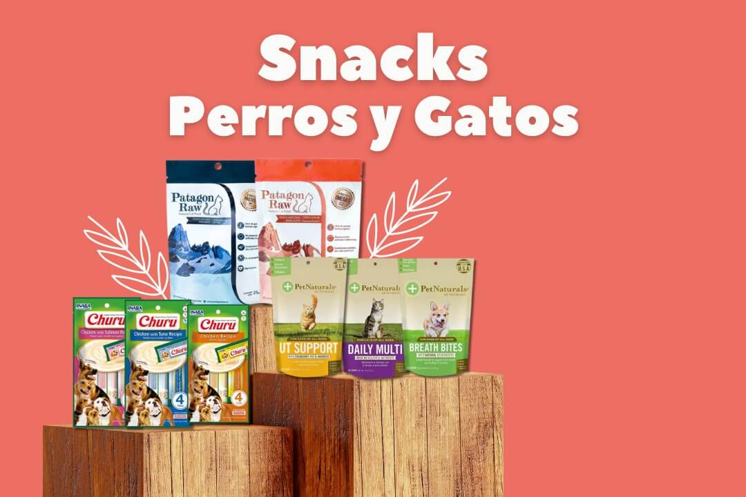 Variedad de snacks y premios funcionales para perros y gatos sobre mesa de madera. Churu, Hill’s, Patagon Raw, Pets Naturals