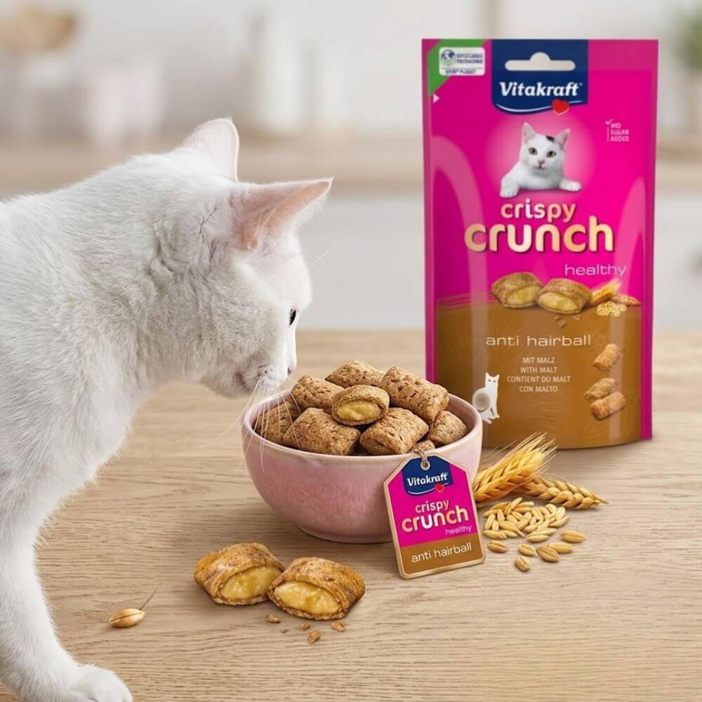 Gato blanco cerca de un cuenco y una bolsa rosa de snacks para gatos Vitakraft Crispy Crunch anti hairball, con granos y snacks dispersos sobre piso de madera