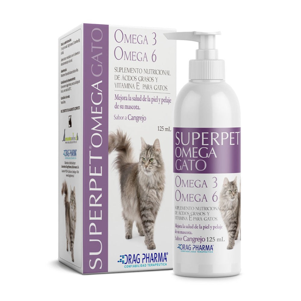 Caja y frasco Drag Pharma Superpet Gato de 125ml, suplemento nutricional, Omega-3, Omega-6 y Vitamina E para piel y pelaje saludable