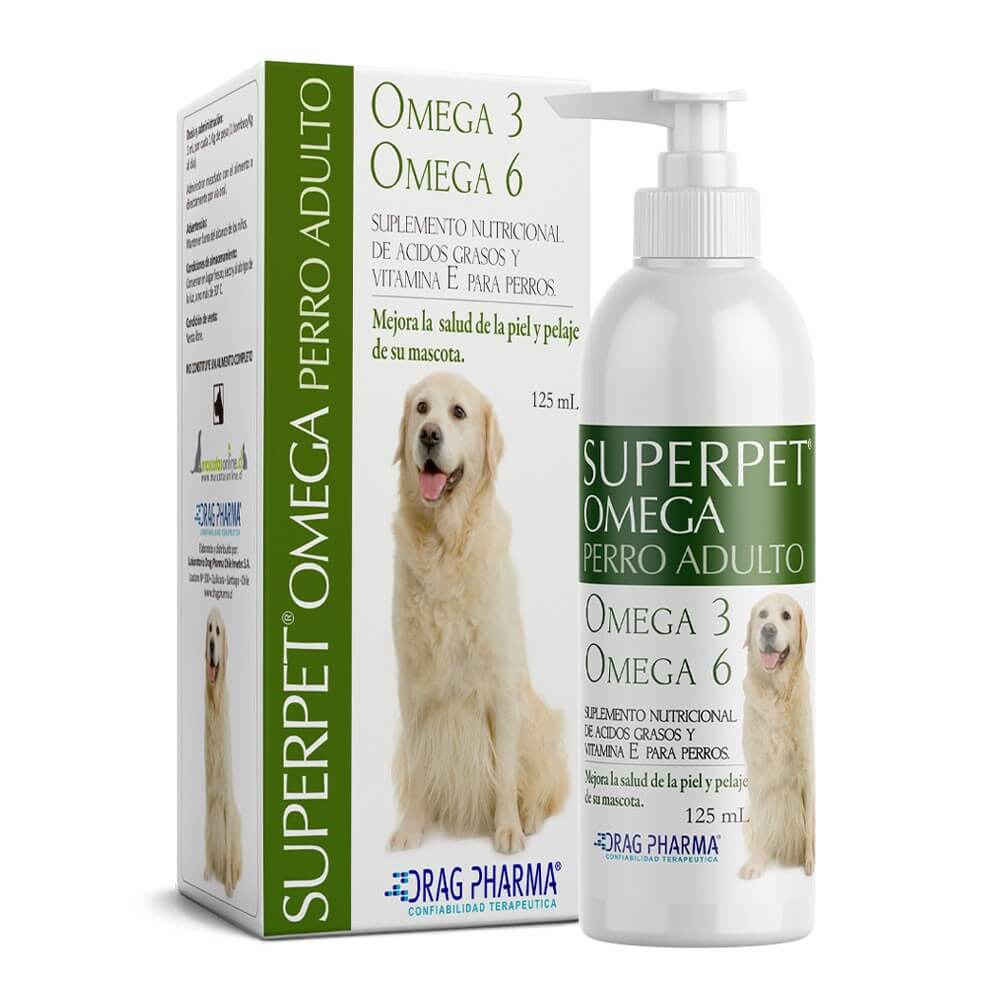 Frasco y caja verdes de Superpet Perros Adultos, suplemento con Omega 3, Omega 6 y Vitamina E, junto a imagen de Golden Retriever