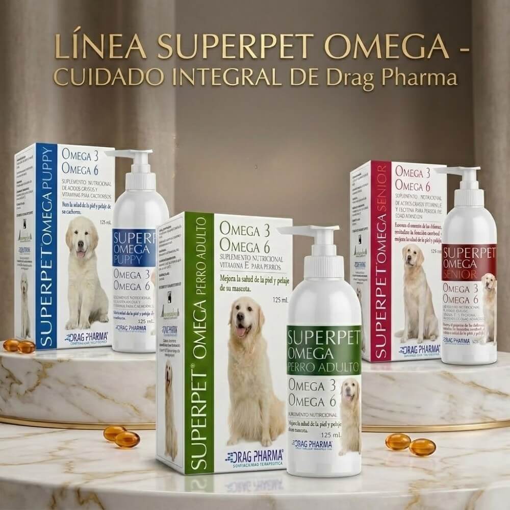 Línea Suplementos Superpet Perros Omega Drag Pharma: Puppy, Adulto y Senior en pedestales con Omega 3, Omega 6 y Vitamina E