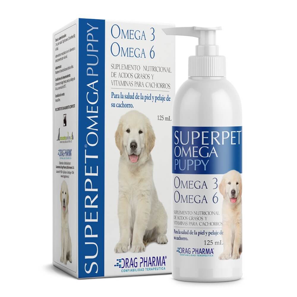 Caja y Frasco Superpet Perros Puppy con Omega 3 y Omega 6 para el desarrollo saludable de la piel y el pelaje brillante en cachorros