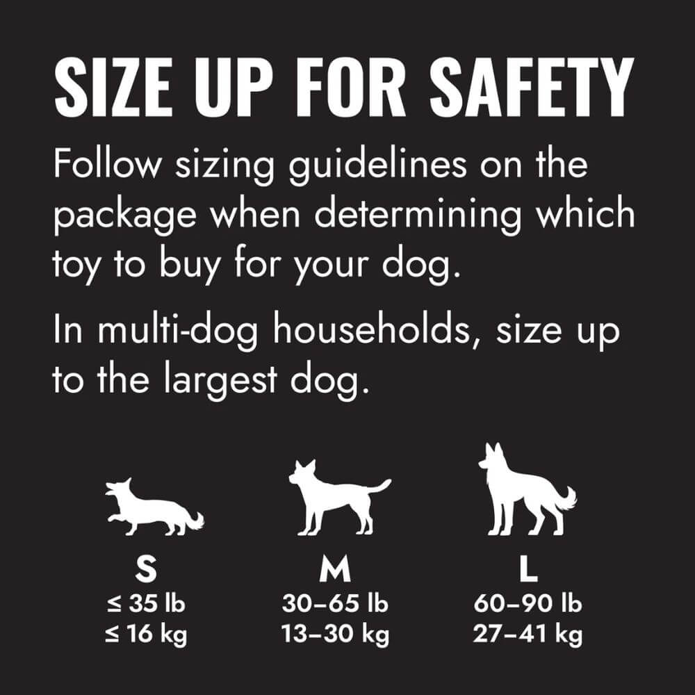 Guía de tallas por seguridad KONG para perros: Tabla con siluetas y pesos en kilos para seleccionar el juguete correcto