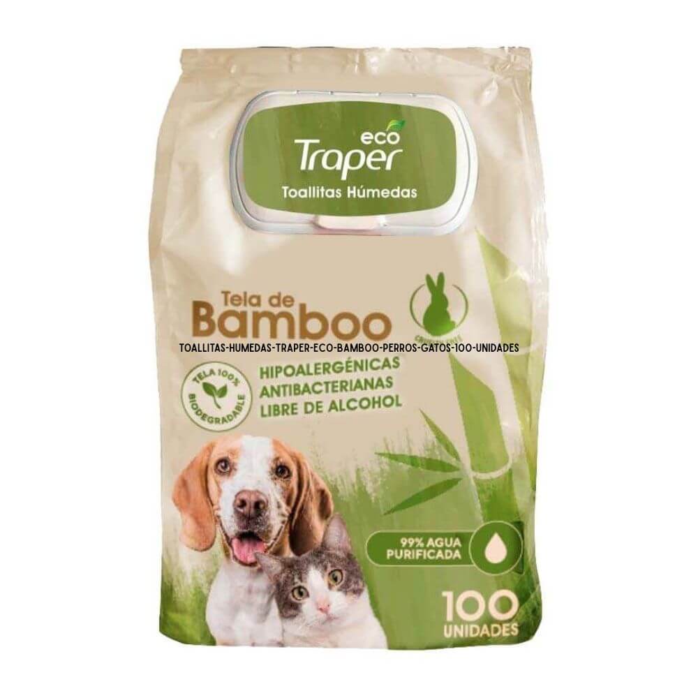 Paquete de 100 toallitas húmedas biodegradables Traper de bambú, hipoalergénicas y sin alcohol para higiene de perros y gatos