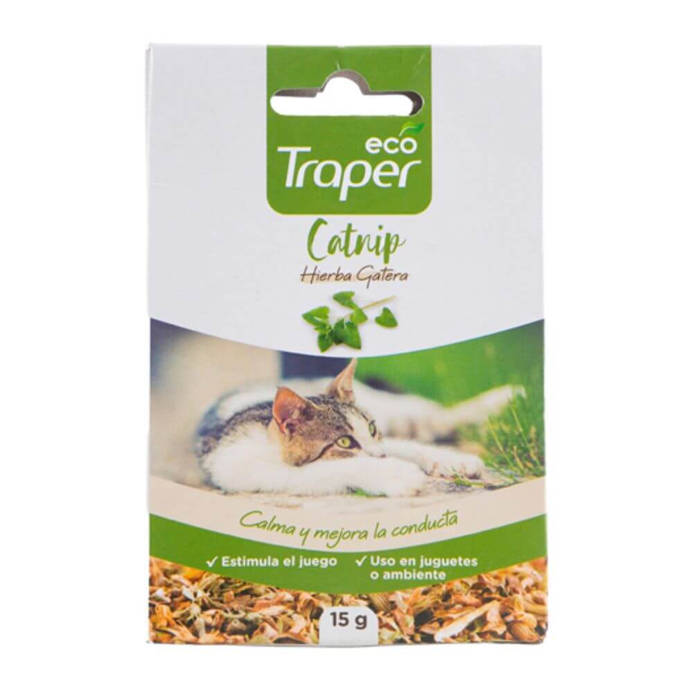 Sobre de hierba gatera Catnip Traper Eco 15g para juguetes o ambiente, reduce el estrés y mejora la conducta de los gatos