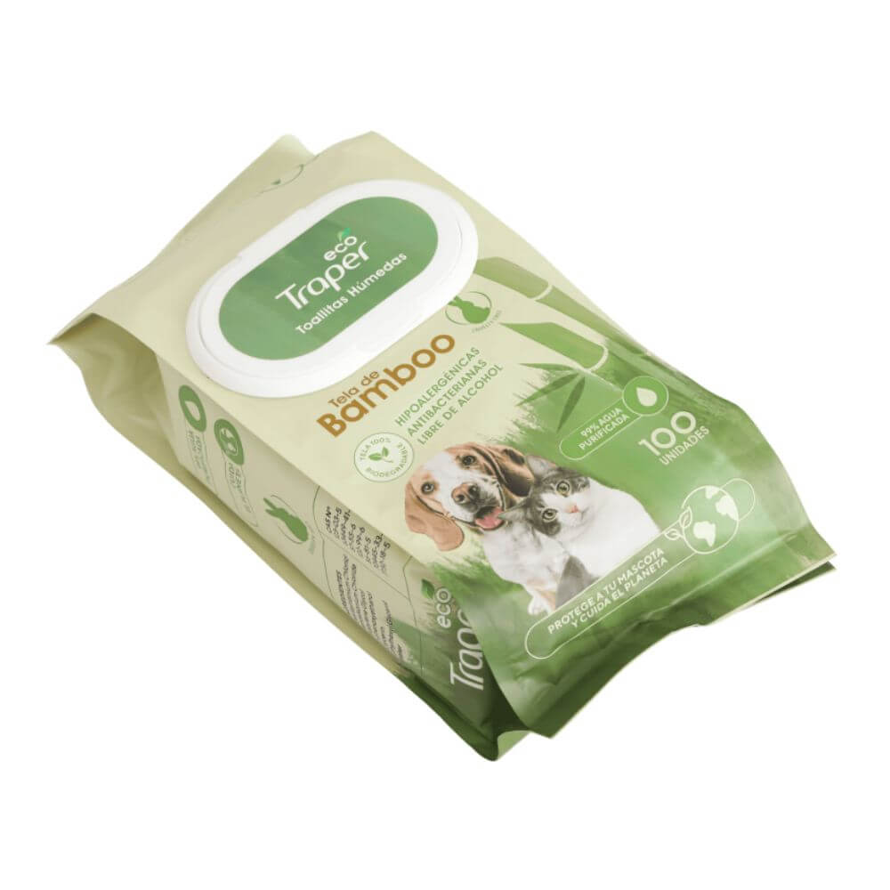 Toallitas Traper tela de bambú con 99% agua purificada, toallas higiénicas para limpieza de patas y pelaje en perros y gatos