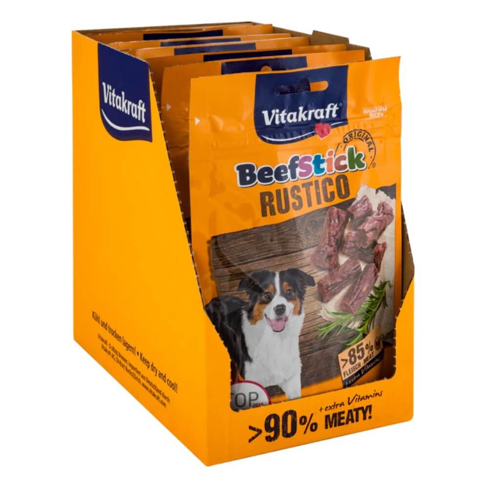 Display Vitakraft Beef Stick Rustico para perros: 7 bolsas de premios ahumados, más del 90% de carne, con vitaminas incluidas