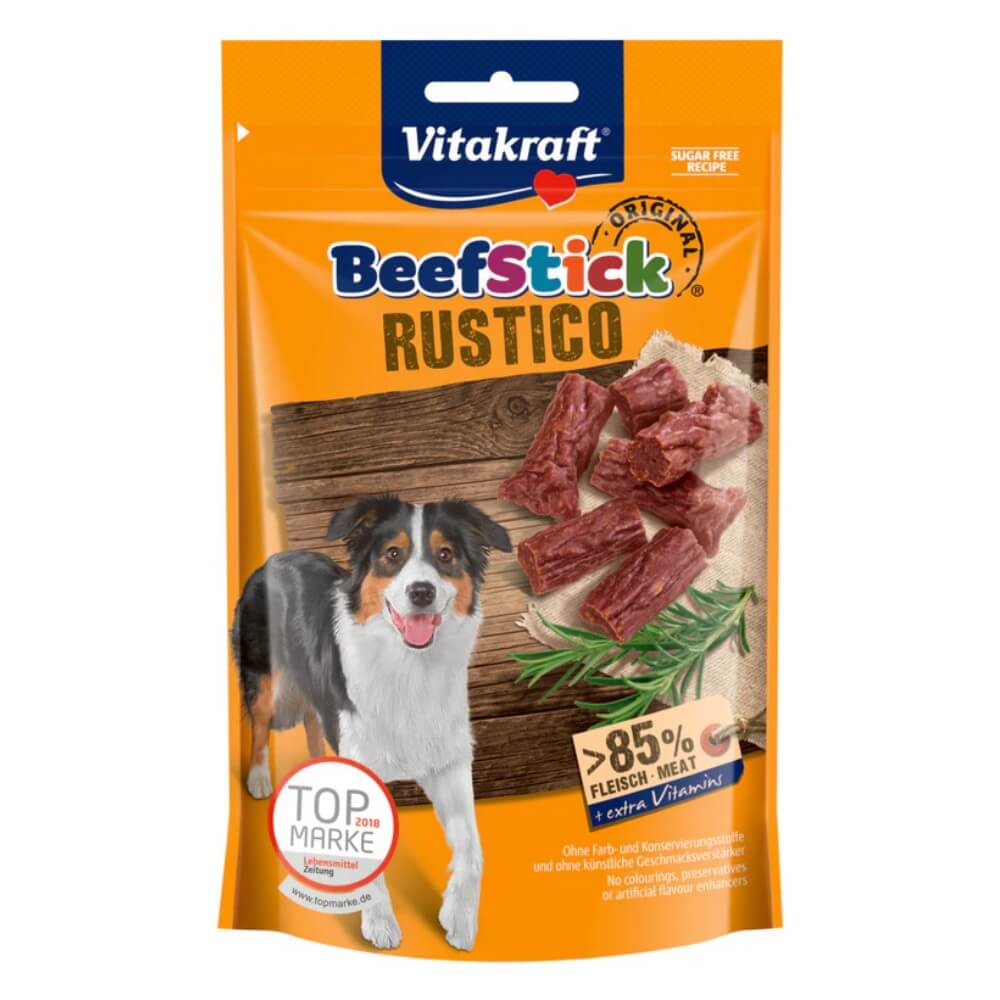 Bolsa de Vitakraft Beef Stick Rustico, premios para perros ahumados con >85% carne real, sin azúcar ni conservantes artificiales