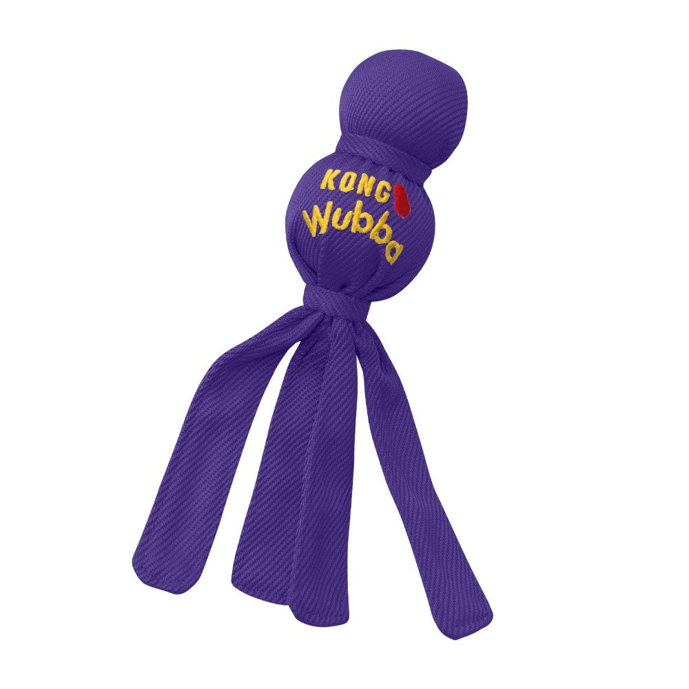 Wubba color morado de KONG, juguete para perros con colas de nylon, mordedor firme y sonido que motiva el juego de búsqueda.